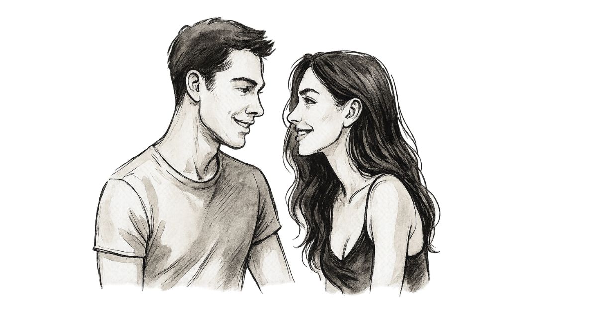 Illustration d’un couple complice échangeant un regard tendre, représentant l’utilisation du vibromasseur pour renforcer l’intimité à deux.