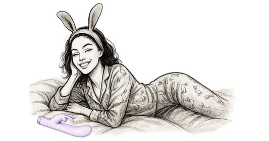 Illustration d’une femme souriante en pyjama lapin allongée sur un lit, tenant un vibromasseur rabbit dans une ambiance paisible et minimaliste.
