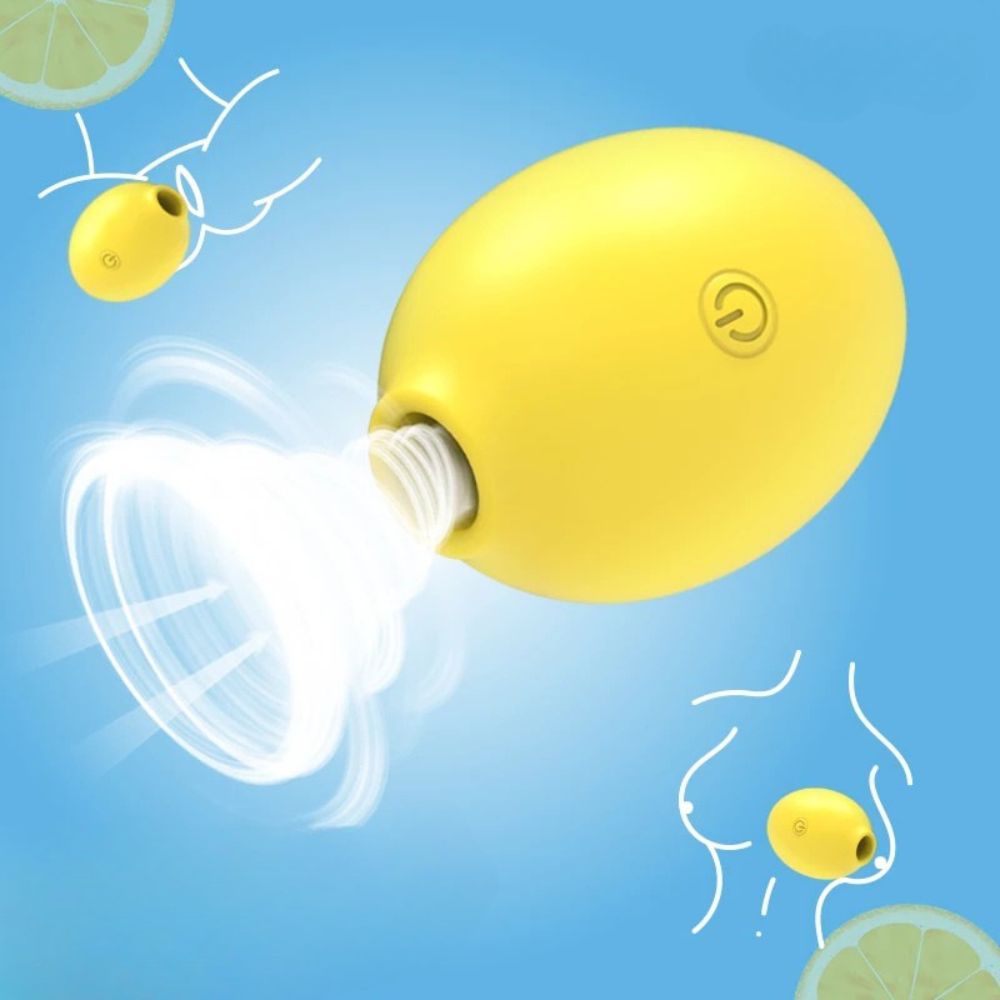 Vibromasseur citron jaune en fonctionnement avec aspirateur d’air illustré.