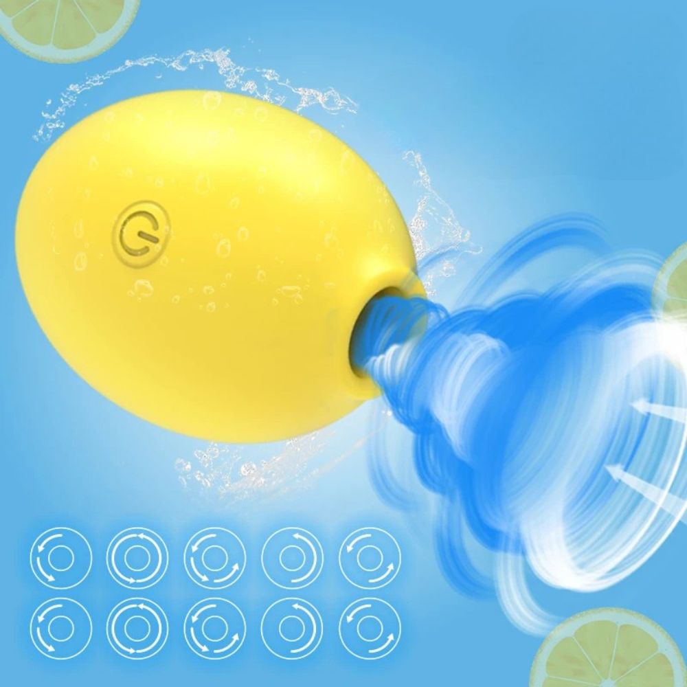 Vibromasseur citron jaune avec effets visuels de puissance et vibrations.